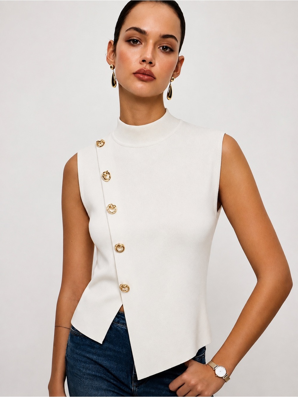 New with Tag! Commense Mock Neck Gold-Button Knit Top - Cream sz L - Picture 2 of 7